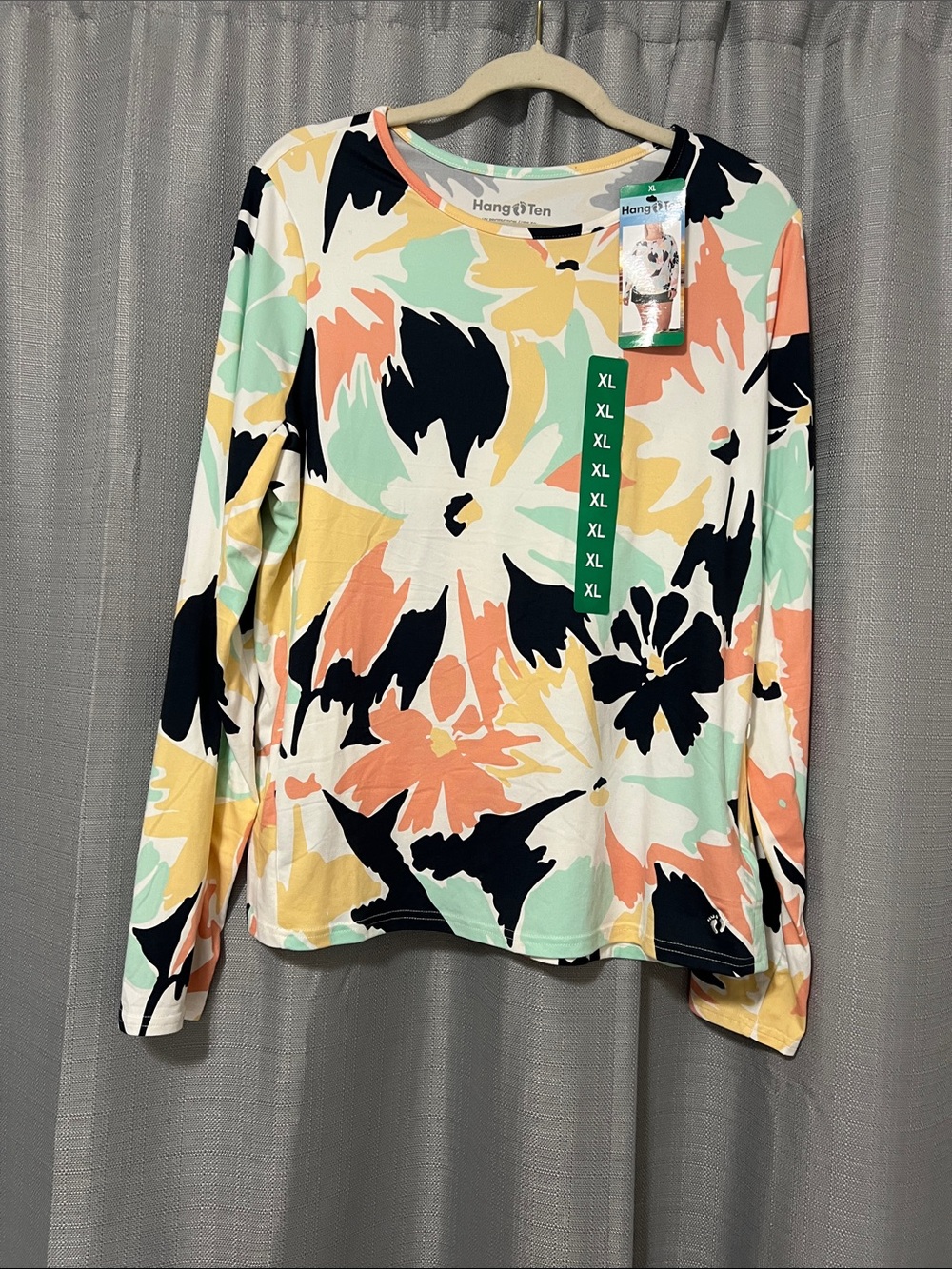 Hang Ten Long-Sleeve Floral Crewneck Top - Black, Mint, Coral, Yellow, Cream